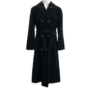 VTG Surrey Classis Womens Small Black Velvet Trench Coat Button Double Breasted